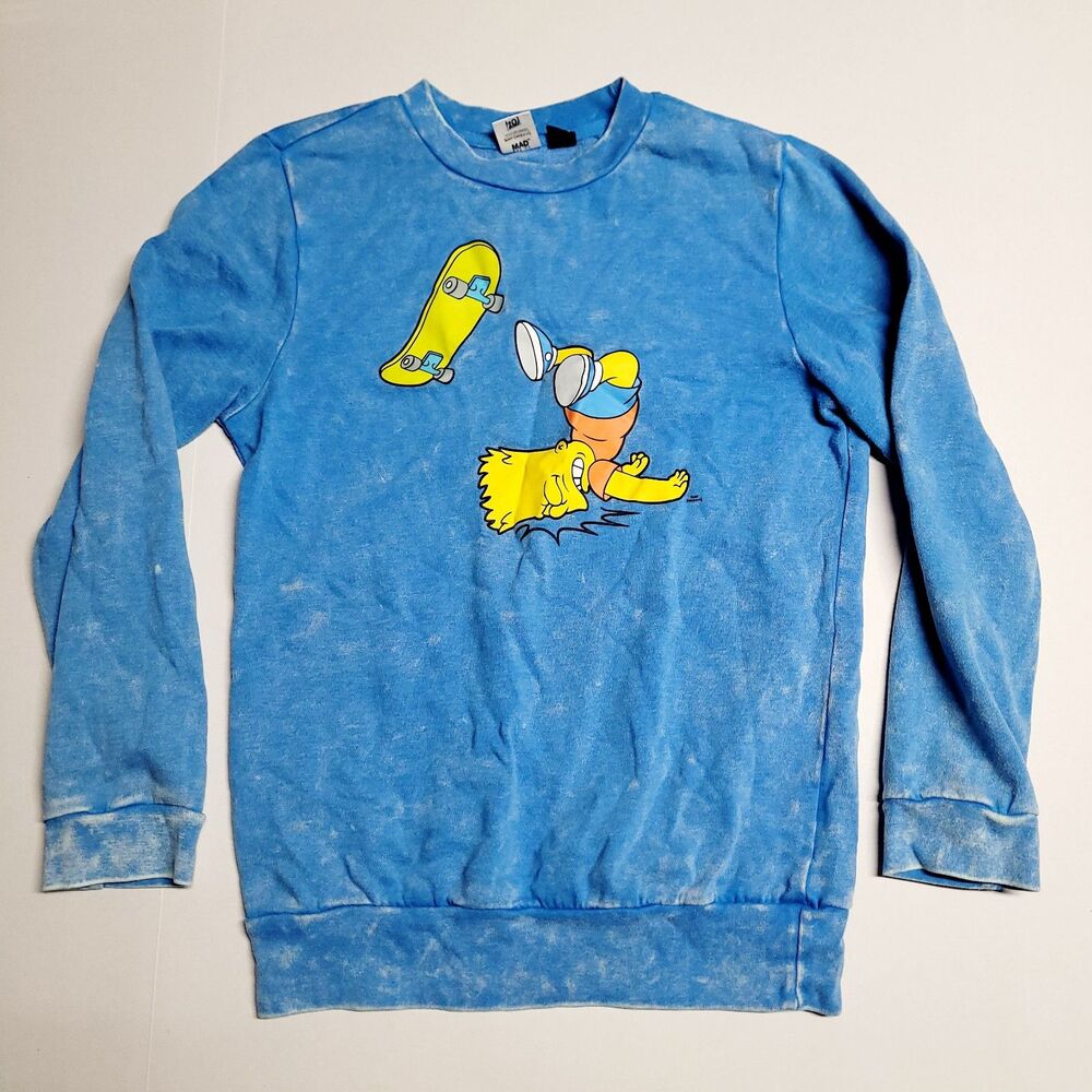 The Simpsons Bart Headplant Skateboarding Blue Acid Wash Sweatshirt Mad Engine